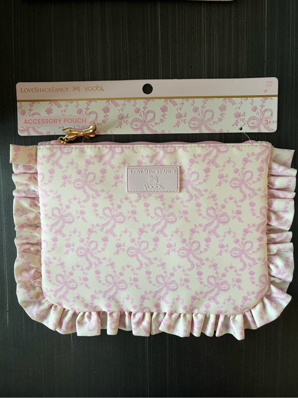 LoveShackFancy Pink & Cream Ruffle Bow Accessory Pouch NWT